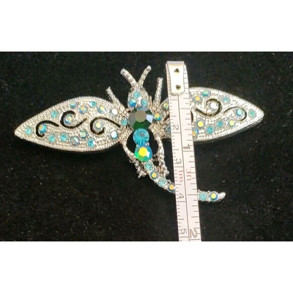 Silver Tone & Blue Rhinestone Dragonfly Brooch 3"X2" - Picture 4 of 4